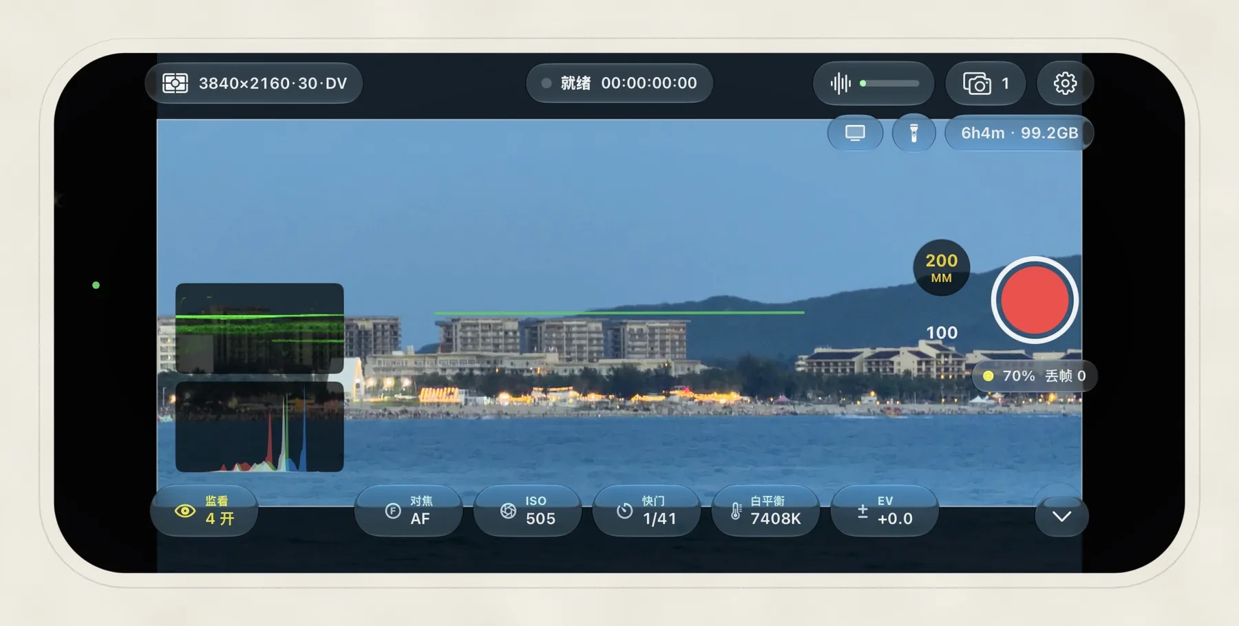 Plural at the shore, with a waveform and a histogram on the left of the frame